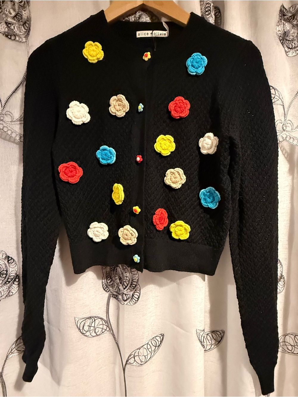 Alice + Olivia Black/Multi Crochet Flower Cardigan S NWT $440 Style CC111S05725